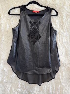Lulumari Womens Whimsigoth Tank Top Size S Black Faux Leather Raw Hem Sheer Back